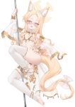  absurdres anal_beads animal_ear_fluff animal_ears blonde_hair blue_archive blush commentary_request dancing detached_collar detached_sleeves fang halo highres long_hair looking_at_viewer mouth_veil nipple_piercing open_mouth piercing pole purple_eyes pussy seia_(blue_archive) sex_toy shin_maboroshi skindentation stirrup_legwear stripper_pole tail thighhighs toeless_legwear veil very_long_hair white_thighhighs 