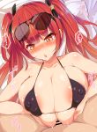  1boy 1girl areola_slip areolae azur_lane bangs bar_censor bare_arms bikini black_bikini blunt_bangs blush breasts censored clothed_female_nude_male clothed_sex collarbone commentary_request covered_nipples eyebrows_visible_through_hair eyes_visible_through_hair eyewear_on_head hair_ornament heart hetero highres honolulu_(azur_lane) huge_breasts lips long_hair lying nose_blush nude on_back open_mouth paizuri penis red_eyes red_hair samurai_(movemusic) shiny shiny_skin solo_focus star star_hair_ornament sunglasses sweat swimsuit translation_request twintails 