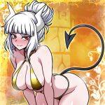  1girl bare_shoulders bent_over bikini blunt_bangs blush breasts demon_girl demon_horns demon_tail fujita_yoshinobu_(ksk_oda) gold_bikini hair_bun halterneck helltaker highres horns large_breasts looking_at_viewer lucifer_(helltaker) mole mole_under_eye o-ring o-ring_bikini red_eyes sidelocks solo swimsuit tail white_hair white_horns 