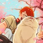  1boy blurry cat commentary_request day earth_federation_space_forces from_below gundam gundam:_hathaway's_flash lane_aim looking_at_animal military_uniform mondai_(hdtx8485) orange_hair salute solo two-finger_salute 