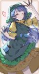  1girl apron blue_hair blush border closed_mouth commentary_request green_apron green_headscarf haniyasushin_keiki headscarf heart highres inset_border jewelry long_hair looking_at_viewer magatama magatama_necklace mixed_holding necklace object_in_pocket one_eye_closed orange_border orange_skirt pocket red_eyes shirt short_sleeves simple_background single_strap skirt smile solo suzukiairi0001 tools touhou very_long_hair wood_carving_tool yellow_shirt 