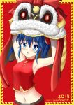  1girl 2019 :o arlly_radithia armpits arms_up blue_eyes blue_hair blush breasts chinese_new_year commentary_request fur_trim happy_new_year highres long_hair midriff navel new_year open_mouth original red_background red_shirt shirt sidelocks sleeveless sleeveless_shirt small_breasts solo 