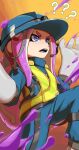  1girl ? ?? blue_helmet blue_jumpsuit commentary_request gloves grey_gloves helmet high-visibility_clothing high-visibility_vest highres ink jumpsuit long_hair looking_ahead mining_helmet mizututigi octoling octoling_girl octoling_player_character open_mouth orange_background paint pink_hair rubber_gloves solo splatoon_(series) splatoon_3 tentacle_hair thick_eyebrows v-shaped_eyebrows 