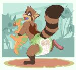  absurd_res anthro blue_tongue blush brown_body brown_fur bubblepuppers clean_diaper clothed clothing diaper diaper_only dinosaur_plushie fur green_diaper grey_eyes hi_res holding_object holding_plushie little_troubles looking_at_viewer looking_back male mammal markings pawpads pink_pawpads plushie procyonid raccoon raised_foot rug solo standing striped_markings striped_tail stripes tail tail_markings tongue topless wearing_diaper 