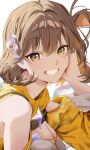 1girl ahoge anis_(nikke) anis_(star)_(nikke) bandeau bare_shoulders blush breasts brown_eyes brown_hair cat_hair_ornament chest_strap cleavage clothing_cutout commentary_request goddess_of_victory:_nikke grin hair_ornament hand_on_own_cheek hand_on_own_face highres kuu_(user_gngs5284) large_breasts long_sleeves looking_at_viewer official_alternate_costume open_mouth portrait short_hair shoulder_cutout shrug_(clothing) simple_background smile solo teeth white_background white_bandeau yellow_shrug 