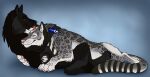 ambiguous_feral ambiguous_gender between_legs black_body black_fur canid canine closed_smile cuddling duo echo_(wolffylegend) eyes_closed feral fur glacier_(glacierhybrid) grey_body grey_fur hi_res killthe_demon licking licking_another lying mammal markings mouth_closed narrowed_eyes on_back pawpads pink_nose pink_pawpads red_tongue side_view simple_background smile spots spotted_legs spotted_markings spotted_tail striped_markings striped_tail stripes tail tail_markings tongue white_body white_fur yellow_eyes