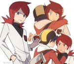  2boys backwards_hat bag black_shirt chueog cowlick ethan_(pokemon) eye_contact grey_bag hat highres holding holding_poke_ball hood hood_down hooded_jacket hug jacket logo long_hair looking_at_another male_focus multiple_boys multiple_views pants poke_ball poke_ball_(basic) pokemon pokemon_heartgold_and_soulsilver red_hair red_jacket shirt silver_(pokemon) team_rocket team_rocket_uniform white_background white_jacket white_pants 