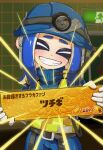  1girl belt blue_hair blue_helmet blue_jumpsuit closed_eyes commentary_request facing_viewer helmet high-visibility_clothing high-visibility_vest highres holding indoors jumpsuit long_hair mining_helmet mizututigi octoling octoling_girl octoling_player_character salmon_run_(splatoon) smile solo splashtag_(splatoon) splatoon_(series) splatoon_3 standing teeth tentacle_hair 
