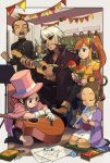 2boys 3girls ace_attorney acoustic_guitar aged_down antenna_hair apollo_justice athena_cykes bead_necklace beads black_pants blue_eyes boots bracelet brown_hair buttons cape chain chain_necklace chalkboard closed_eyes closed_mouth commentary crayon dress earrings english_commentary eyewear_on_head forked_eyebrows gakuran gloves grin guitar hair_ornament hair_rings hat headphones highres holding holding_instrument indoors instrument jacket japanese_clothes jewelry kimono klavier_gavin kneeling long_hair long_sleeves lute_(instrument) magatama magatama_necklace magician multiple_boys multiple_girls necklace open_mouth orange_hair pants pantyhose paper pearl_fey playing_instrument plectrum poster_(object) rica_diaz ring sash school_uniform seiza short_dress short_hair side_ponytail sitting smile string_of_flags sunglasses teeth top_hat trucy_wright twintails white_gloves white_hair whiteboard 