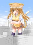  ;d animal_ears cat_ears cat_tail copyright_request eichikei_(hakuto) fang giantess necktie one_eye_closed open_mouth plaid plaid_skirt pleated_skirt school_uniform skirt smile solo sweater_vest tail thighhighs 