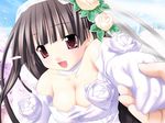  black_hair breasts bride cherry_blossoms choker cleavage dress elbow_gloves eyebrows_visible_through_hair flower game_cg gloves hair_flower hair_ornament happy iinchou_(princess_witches) kannagi_rei long_hair medium_breasts pov princess_witches red_eyes solo_focus wedding_dress white_gloves 