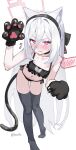  1girl absurdres animal_hands annoyed artist_name bikini blue_archive blush breasts cleavage_cutout clothing_cutout commentary_request eella full_body gloves halo headband highres kei_(blue_archive) kei_(new_body)_(blue_archive) leaning_forward long_hair panties paw_gloves pawpads side-tie_bikini_bottom side-tie_panties sidelocks simple_background small_breasts solo speech_bubble swimsuit tail thigh_gap thighhighs underwear white_background zettai_ryouiki 