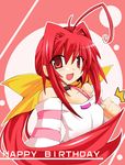  :d ahoge bangs choker happy happy_birthday kagami_sumika long_hair muvluv open_mouth ponytail red_eyes red_hair shirogane_(platinum) shirt smile solo striped striped_shirt 