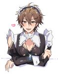  1boy :d ahoge arm_under_breasts blush brown_eyes brown_hair cleavage_cutout clothing_cutout crossdressing crossdressing_(mtf) crossed_arms crystal_necklace eiden_(nu_carnival) fangs frilled_dress_collar glint hair_between_eyes hair_ornament hand_on_own_arm heart highres juliet_sleeves long_sleeves looking_at_viewer maid maid_headdress male_focus male_maid nu_417 nu_carnival pectoral_cleavage pectorals puffy_sleeves puritan_collar short_hair shoulder_cutout simple_background sleeve_cuffs smile solo white_background x_hair_ornament 