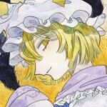 1girl blonde_hair blue_tabard closed_mouth commentary dress hat highres kz_m_i looking_at_viewer mob_cap profile short_hair solo tabard touhou traditional_media white_dress white_hat yakumo_ran yellow_background yellow_eyes 