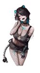  1girl absurdres animal_ears belt black_hair blue_eyes blue_hair body_markings breasts cleavage colored_inner_animal_ears colored_inner_hair crop_top denim denim_shorts erina_makina fishnet_pantyhose fishnet_top fishnets hair_over_one_eye highres large_breasts long_hair mechanical_arms mechanical_hands midriff mn374390 multicolored_hair navel pantyhose phase_connect shorts single_mechanical_arm single_mechanical_hand sleeveless solo stomach streaked_hair tail tail_ornament tiger_ears tiger_girl tiger_tail virtual_youtuber white_tiger_print 