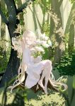  1girl absurdres barefoot blonde_hair center-flap_bangs closed_eyes commentary_request dappled_sunlight day dress fairy_wings flower forest frilled_skirt frills full_body grass highres holding holding_flower light_particles long_hair long_sleeves nature nekory on_tree original outdoors scenery signature sitting skirt sleeping solo sunlight tree tree_shade very_long_hair white_dress wings 