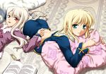  akari_maki artoria_pendragon_(all) blonde_hair book fate/stay_night fate_(series) green_eyes hair_down illyasviel_von_einzbern long_sleeves lying midriff multiple_girls on_stomach pillow saber tongue 