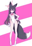  1girl absurdres alternate_costume animal_ear_fluff animal_ears bare_shoulders black_hair blue_archive bow bowtie commentary_request detached_collar fishnet_pantyhose fishnets fox_ears fox_girl fox_tail full_body halo hand_on_own_hip highres leotard long_hair looking_at_viewer otomii pantyhose pink_background playboy_bunny red_bow red_bowtie red_eyes red_halo simple_background solo standing strapless strapless_leotard striped_background tail white_background white_leotard wrist_cuffs yukino_(blue_archive) 