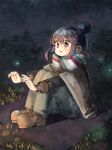 1girl absurdres black_jacket blanket blue_hair blue_pants blue_scarf boots brown_boots camping commentary_request denim dolphilia fireflies grass green_scarf hair_bun highres jacket jeans knees_up multicolored_scarf night on_blanket open_mouth outdoors pants purple_eyes red_scarf scarf shima_rin single_hair_bun sitting sky solo star_(sky) starry_sky striped_clothes striped_scarf tree warming_hands white_scarf yurucamp 
