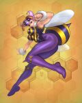  1girl a.b.singh antennae arthropod_girl ass bee breasts bug clenched_hand darkstalkers extra_eyes full_body hexagon highres honeycomb_(pattern) honeycomb_background insect_wings large_breasts legs leotard long_legs monster_girl muscular muscular_female no_pupils pantyhose purple_eyes purple_hair purple_pantyhose q-bee short_hair solo spikes thick_thighs thighs wings 
