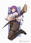  1girl artist_name black_boots black_pantyhose boots breasts fern_(sousou_no_frieren) grey_jacket holding holding_staff jacket jk_arts large_breasts long_hair mage_staff naked_jacket panties panties_under_pantyhose pantyhose purple_eyes purple_hair sidelocks solo sousou_no_frieren staff twitter_username underwear 