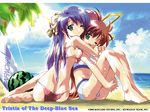  aoi_umi_no_tristia ass barefoot beach bikini breast_press breasts butt_crack cloud day duplicate fawly_(aoi_umi_no_tristia) feet food fruit green_eyes holding hug komatsu_eiji leg_hug medium_breasts multiple_girls nanoca_flanka one_eye_closed outdoors palm_tree side-tie_bikini sitting sports_bikini string_bikini swimsuit tree water watermelon yokozuwari 