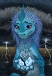 absurd_res aquatic aquatic_dragon blue_body blue_eyes blue_hair disney dragon eastern_dragon electricity female feral field fur furred_dragon furred_scalie gem glowing_gem hair hareluca hi_res holding_gem holding_object light lightning lightning_bolt mythological_creature mythological_scalie mythology raya_and_the_last_dragon scalie sisu_(ratld) sky solo worried worried_face worried_look