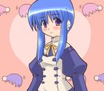  blue_hair blush buttons closed_mouth eyebrows_visible_through_hair ilfa juliet_sleeves long_sleeves looking_at_viewer muhyowo pink_background puffy_sleeves purple_eyes robot_ears short_hair_with_long_locks sidelocks smile solo to_heart_2 upper_body 