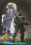  3boys alien armor artist_name assault_rifle assault_visor blood blue_blood bullpup commentary corpse english_commentary full_body gun halo_(series) highres holding holding_gun holding_weapon looking_to_the_side looking_up m6d ma5 master_chief multiple_boys pelican_(halo) power_armor rifle soul_ant19 unggoy warthog_(halo) weapon 