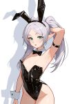  1girl animal_ear_hairband animal_ears arm_strap arm_up armpits artist_name black_bow black_bowtie black_leotard black_shoes bow bowtie breasts collar commentary detached_collar elf fake_animal_ears frieren green_eyes hairband heart high_heels highleg highleg_leotard highres inhoso instagram_logo leotard logo long_hair looking_at_viewer oversized_breast_cup patreon_logo petite playboy_bunny pointy_ears rabbit_ear_hairband rabbit_ears shoes simple_background small_breasts solo sousou_no_frieren strapless strapless_leotard sweatdrop twintails upper_body water_drop watermark white_background white_collar white_hair white_wrist_cuffs wrist_cuffs 