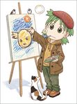  animal azuma_kiyohiko beret bird bubble bubble_blowing bubble_pipe calico canvas_(object) cat child child_drawing crayon easel green_hair hat koiwai_yotsuba long_sleeves lowres pipe pipe_in_mouth quad_tails soap_bubbles solo yotsubato! 