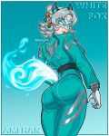  1girl absurdres aqua_jacket aqua_pants ass bell blue_fire character_name commentary fiery_tail fire gloves grey_hair hair_bell hair_ornament highres jacket looking_at_viewer looking_back marvel marvel_rivals mask pants seifortt solo tail white_fox_(marvel) white_gloves 