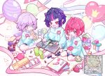  3boys :o aged_down animal_on_head apple bat_(animal) blue_eyes blue_shirt blue_shorts blush candy commentary_request crayon crossed_legs drink epel_felmier fangs food fruit full_body grey_eyes grid_background hedgehog highres holding holding_drink indian_style kindergarten_uniform kumomo_36 lilia_vanrouge looking_down male_focus multicolored_hair multiple_boys on_head open_mouth pink_hair pink_ribbon pointy_ears purple_hair reading red_eyes ribbon riddle_rosehearts shirt shorts simple_background sitting sketchbook slit_pupils smile socks strawberry streaked_hair string_of_flags toy_block toy_train twisted_wonderland watermark white_background white_socks wrapped_candy 