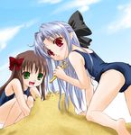  arima_miyako arm_support ass barefoot beach bent_over blue_hair blush bow brown_hair child cloud day fang fork green_eyes hair_bow half_updo len long_hair looking_back melty_blood multiple_girls one-piece_swimsuit outdoors pointy_ears q-gaku red_eyes sand sand_castle sand_sculpture school_swimsuit sky squatting swimsuit tsukihime 