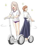  blush_stickers brown_hair buruma fate/stay_night fate_(series) fujimura_taiga gym_uniform illyasviel_von_einzbern long_hair multiple_girls open_mouth segway short_hair smile sparkle tiger_dojo toshibou_(satsukisou) white_hair 