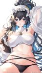  1girl arm_behind_head armpits arms_up bandeau black_hair blue_eyes blue_hair breasts detached_sleeves granblue_fantasy head_ornament highres long_hair looking_at_viewer medium_breasts multicolored_hair navel open_mouth see-through_clothes simple_background solo swimsuit tefnut_(granblue_fantasy) tefnut_(summer)_(granblue_fantasy) veil very_long_hair watermark white_background white_bandeau white_veil yuntae 