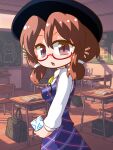  1girl :o backpack bag black_hat board_eraser book box brown_eyes brown_hair buttons chair chalkboard classroom commentary_request day deformed desk from_side glasses hair_between_eyes hat highres holding holding_book holding_box indoors kajiya_no_masa long_sleeves looking_at_viewer looking_to_the_side low_twintails medium_hair neckerchief no_nose notice_lines one-hour_drawing_challenge open_book open_mouth plaid_clothes plaid_skirt plaid_vest purple_skirt purple_vest red-framed_eyewear school_chair school_desk school_uniform semi-rimless_eyewear shirt skirt skirt_set solo standing tile_floor tiles touhou turning_head twintails under-rim_eyewear usami_sumireko vest white_shirt yellow_neckerchief 