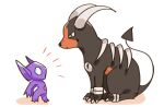  chest_jewel claws curled_horns gem gem_eyes highres horns houndoom looking_down looking_up pokemon pokemon_(creature) pokemon_focus red_eyes sableye seta629211 sitting sweat 
