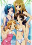  akimo_ayame bikini blonde_hair blue_eyes blue_hair breasts brown_eyes brown_hair competition_swimsuit front-tie_top fuyude_yuri goto_p hair_ornament hairband hairclip haruno_sakura_(wandaba_style) multiple_girls natsuwa_himawari one-piece_swimsuit ponytail short_hair string_bikini striped swimsuit twintails v wandaba_style 