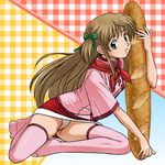  azusagawa_tsukino baguette bow bread brown_hair food green_eyes hair_bow hair_ribbon haruyama_kazunori long_hair looking_at_viewer lowres panties pantyshot pantyshot_(sitting) pink_legwear pink_shirt ribbon shirt sitting solo thighhighs underwear white_panties yakitate!!_japan 