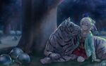 1girl 1other absurdres ahoge animal black_flower black_rose blue_jacket byakko_(heaven_burns_red) flower grass grey_hair hairband heaven_burns_red highres jacket minase_sumomo narby_(heaven_burns_red) night on_ground ootato open_clothes open_jacket rose sailor sailor_collar short_hair sitting slime_(creature) tiger tree wariza white_tiger 