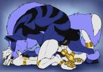anal anal_penetration animal_genitalia animal_penis anthro anthro_on_feral anthro_penetrated bared_teeth bestiality bite black_penis blue_body blue_fur canid canine canine_genitalia canine_penis duo feral feral_penetrating feral_penetrating_anthro from_behind_position fur genitals glass gold_penis golden_markings golden_pawpads hair hi_res killthe_demon knot lying male male/male male_penetrated male_penetrating male_penetrating_male mammal neck_bite nude on_front penetration penile penile_penetration penis penis_backwards penis_in_ass sex short_hair striped_back teeth white_body white_fur white_hair yellow_nose