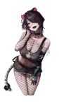  1girl absurdres animal_ears belt black_hair body_markings breasts cleavage colored_inner_animal_ears colored_inner_hair crop_top denim denim_shorts erina_makina fishnet_pantyhose fishnet_top fishnets hair_over_one_eye highres large_breasts long_hair mechanical_arms mechanical_hands midriff mn374390 multicolored_hair navel pantyhose phase_connect pink_eyes pink_hair shorts single_mechanical_arm single_mechanical_hand sleeveless solo stomach streaked_hair tail tail_ornament tiger_ears tiger_girl tiger_tail virtual_youtuber white_tiger_print 