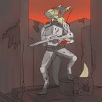1:1 absurd_res ambiguous_gender anthro armor biped blue_eyes breastplate building city clothed clothing container detailed detailed_background digital_media_(artwork) digitigrade ear_piercing ear_ring feet fully_clothed fur grey_body gun hair handgun handwear headgear helmet hi_res holding_gun holding_object holding_ranged_weapon holding_weapon jewelry looking_at_viewer mammal mask military military_uniform neck_tuft outside piercing pistol post-apocalyptic ranged_weapon rifle ring ring_(jewelry) ring_piercing ruins science_fiction sergal sky soldier solo standing suit sunset tail tan_body tan_fur tight_clothing tuft uniform warrior weapon yellow_body yellow_fur zav-ki