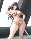  1girl artist_name bikini black_hair blush breasts closed_mouth collarbone feet_out_of_frame gold_bikini golden_week green_eyes hand_in_own_hair hand_on_own_hip highres keenh large_breasts long_hair looking_at_viewer navel original side-tie_bikini_bottom skindentation smile solo standing stomach swimsuit thighs underboob wet 