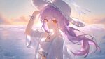  1girl atsuko_(blue_archive) atsuko_(swimsuit)_(blue_archive) bikini blue_archive blue_halo closed_mouth commentary expressionless frilled_bikini frills from_side halo hat highres jewelry long_hair necklace ocean official_alternate_costume open_clothes open_shirt purple_hair red_eyes see-through_clothes see-through_shirt shirt sillycat4725 solo sun_hat swimsuit white_bikini white_hat 