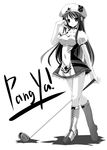  arin artist_request bangs beret boots breasts cleavage closed_mouth golf_club greyscale hat long_hair looking_at_viewer medium_breasts monochrome pangya puffy_short_sleeves puffy_sleeves short_sleeves simple_background smile solo walking white_background 