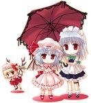  bat_wings blonde_hair bonnet bow braid chibi flandre_scarlet frilled_umbrella frills hat holding holding_umbrella izayoi_sakuya lowres maid maid_headdress mob_cap multiple_girls parasol red_eyes remilia_scarlet ribbon sato-pon shared_umbrella siblings silver_hair sisters source_request thigh_strap touhou transparent_background twin_braids umbrella wings 