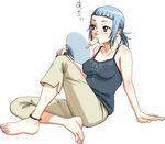  anklet arm_support bare_arms bare_shoulders barefoot blue_hair breasts camisole capri_pants covered_nipples fan feet food full_body jewelry large_breasts legs miyu_greer mouth_hold my-hime nigou no_bra oekaki pants paper_fan popsicle red_eyes sleeveless solo sweat thighs toes uchiwa 